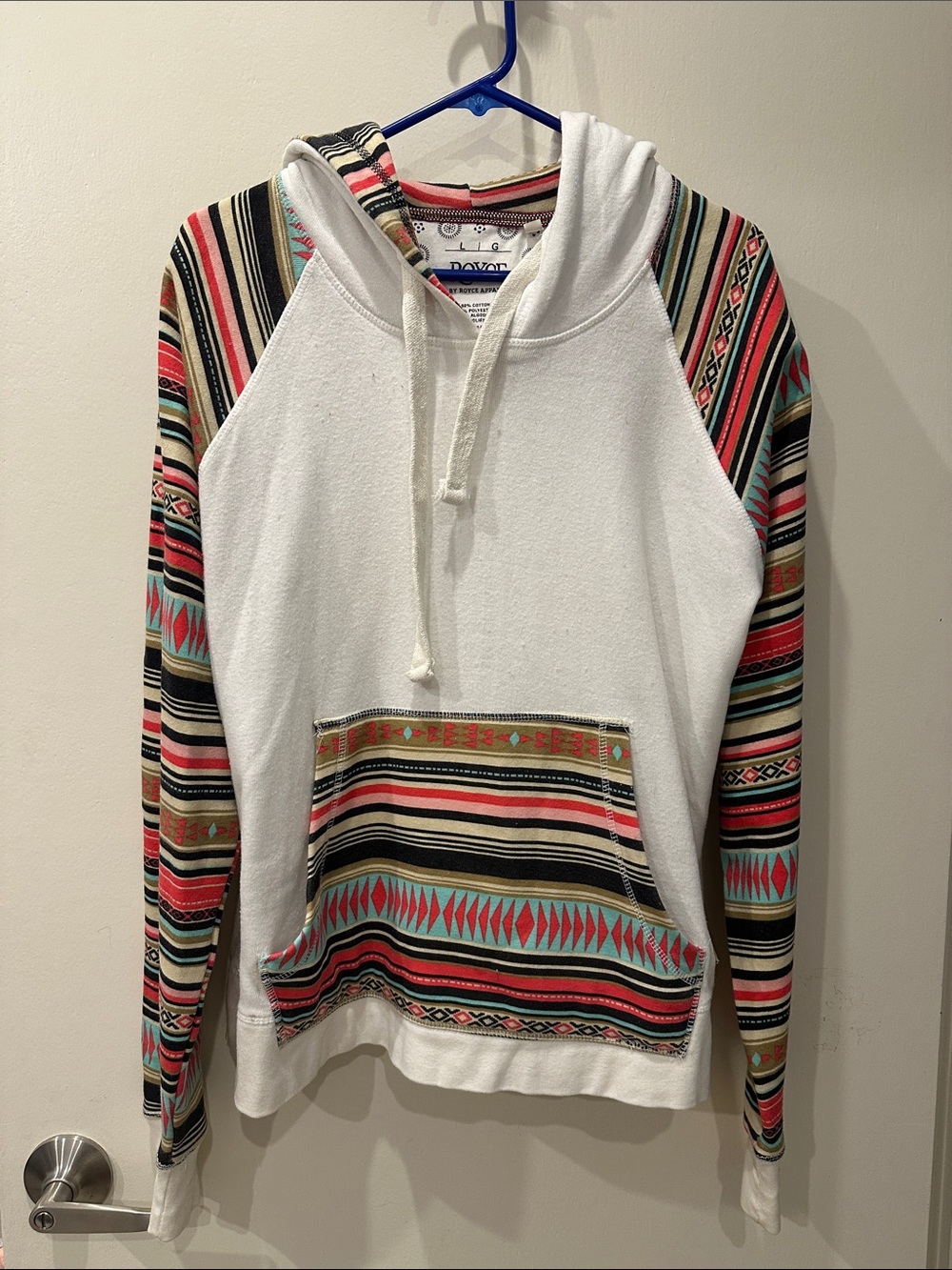 Peyote White Hooded Sweatshirt with Aztec Stripe Sleeves